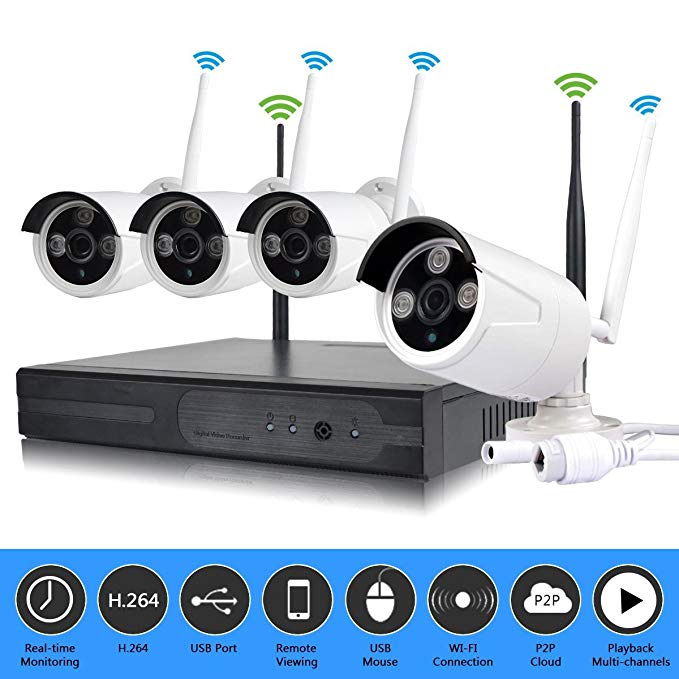 Borntechsz 4ch WiFi dvr kit 1.3mp Outdoor 4Channels Wireless WiFi NVR Suit Kit HD IR 960P WiFi IP Camera P2P CCTV Security System