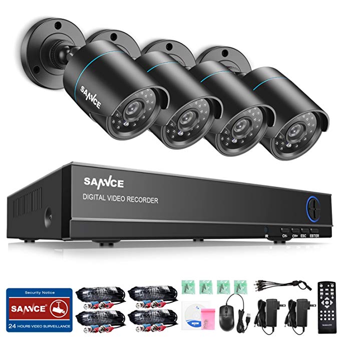 SANNCE 4CH 720P CCTV DVR Recorder (4) HD 1280TVL 1.0Mega-Pixels Surveillance Camera System Superior Night Vision, IP66 Weatherproof Housing, No HDD