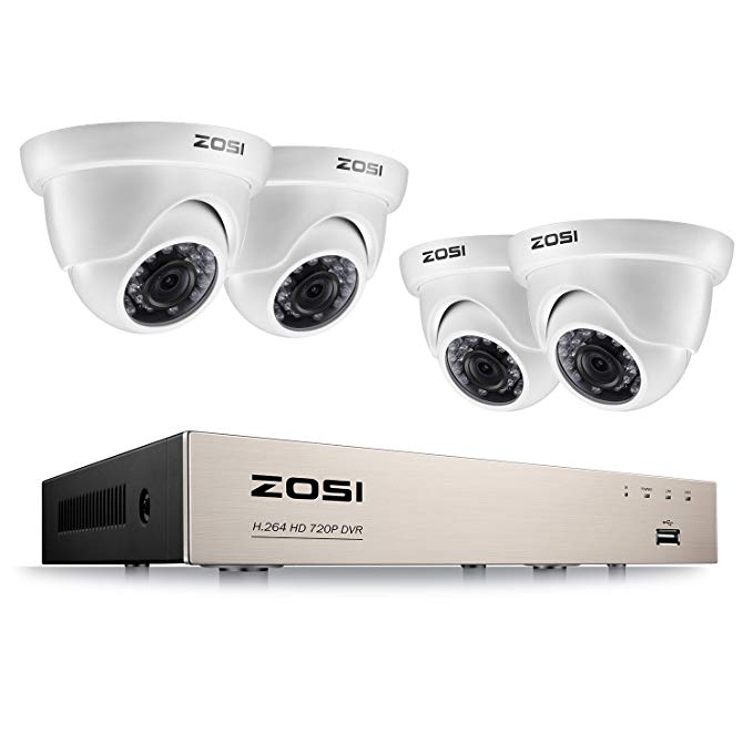 ZOSI 8CH HD 720P Video Security System and (4) HD 1.0MP 1280TVL Surveillance Weatherproof Outdoor Indoor CCTV Cameras with 65ft Night Vision, NO Hard Drive