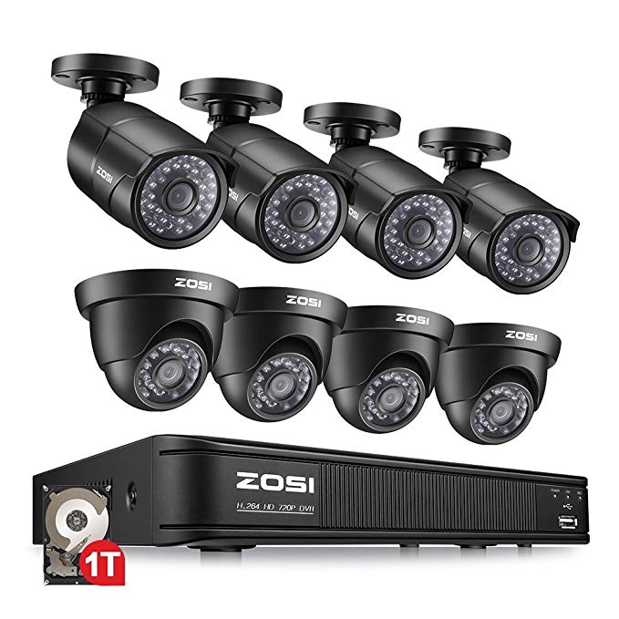 ZOSI 8-Channel HD-TVI 1080P Lite Video Security Camera System,4 in 1 CCTV DVR Recorder and (8) 1.0MP Indoor/Outdoor Day/Night Weatherproof Surveillance Cameras (1TB Hard Drive Built-in)