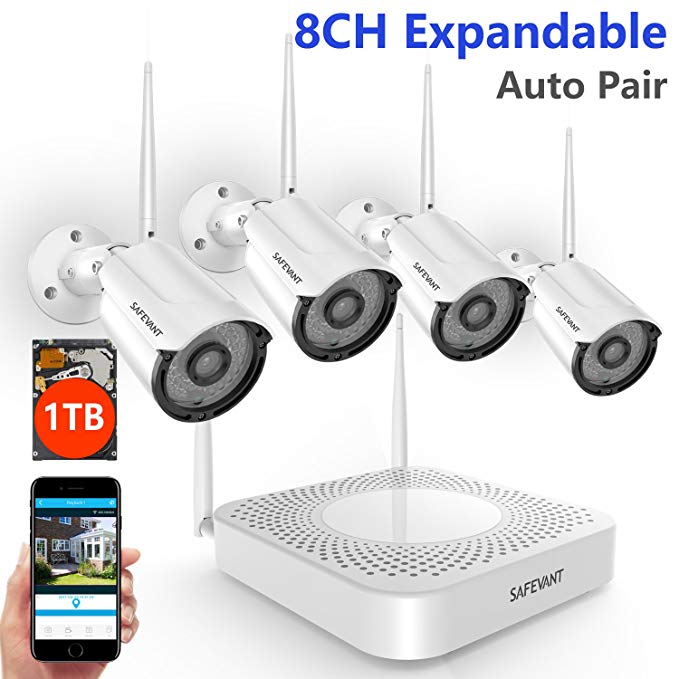 【Expandable System】 Safevant 8CH NVR Wireless Security Camera System, 4pcs 960P Indoors&Outdoors Wireless Security Cameras,65ft Night Vision,1TB HDD Pre-Installed,Auto-Pair,Plug&Play