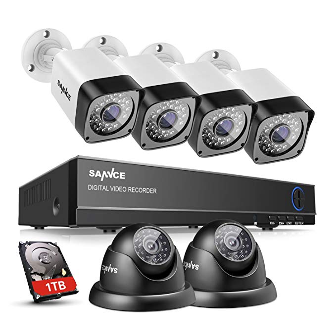 SANNCE 8CH 1080N Security Camera System CCTV DVR with 1TB Hard Drive and (6) 720P Night Vision Surveillance Cameras, IP66 Weatherproof