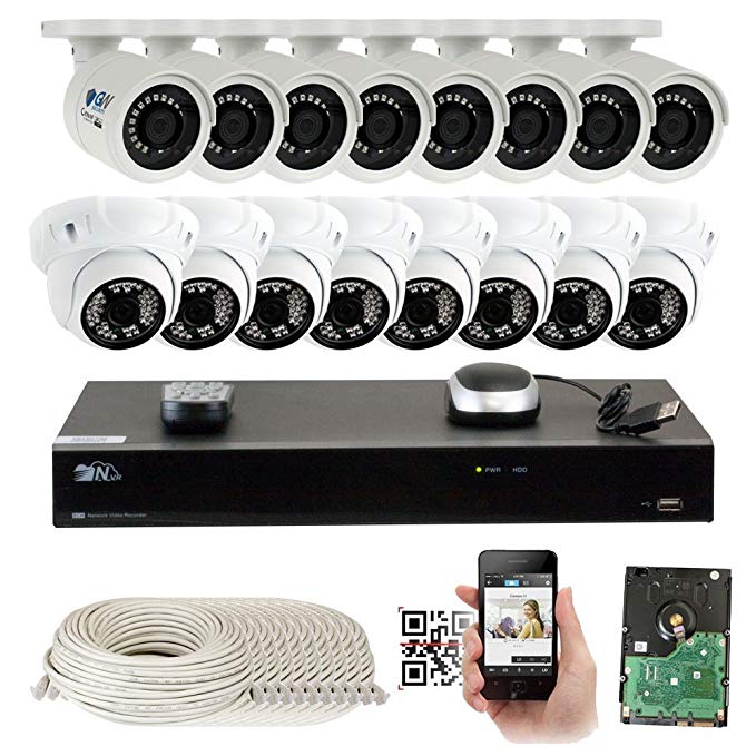 16 Channel H.265 4K NVR 5MP (2592 x 1920) Network PoE Security Camera System - 5MP 1920p Weatherproof 8 Bullet & 8 Dome IP Cameras w/ 4TB Hard Drive