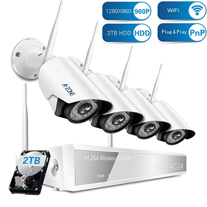 A-ZONE Outdoor Security Camera, 4CH 960P Wireless Security Camera System with 2TB HDD, 4pcs 960P HD Indoor Outdoor Wireless IP Cameras Night Vision,Easy Remote View