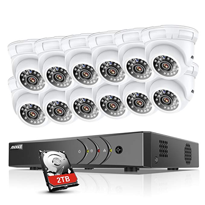 ANNKE 16-Channel 720P Video Security System DVR with 2TB Hard Drive and (12) HD 1280TVL Indoor/Outdoor Cameras with IP66 Weatherproof Housing, 66ft Super Night Vision