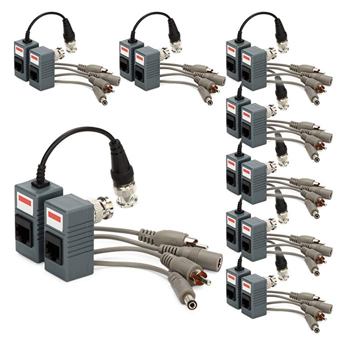 CCTV Balun, ZOTER Passive BNC to RJ45 CAT5 Video + Audio + Power Transceiver for Surveillance Camera (pack of 8)