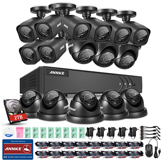 ANNKE 16CH HD-TVI 1080N Surveillance DVR System with 2TB Surveillance Hard Disk Drive and (16) 1.0MP 720p Weatherproof CCTV Cameras (8 Bullets+8 Domes)