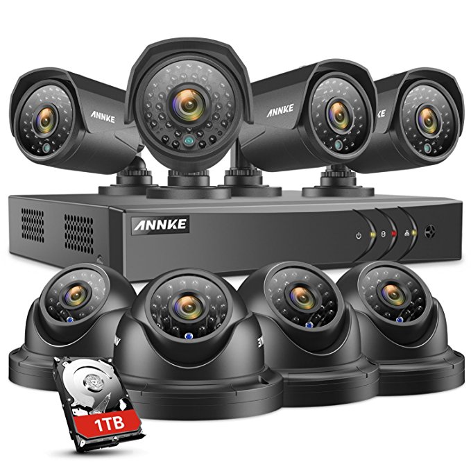 ANNKE 8CH Security System 1080N DVR Recorder with 1TB HDD and (8) HD 1.0MP 1280x720 Weatherproof Camera with Super Night Vision, QR Code Scan, Plug & Play, HDMI Output