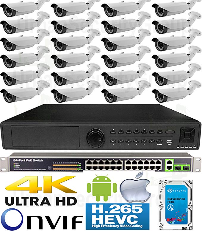 USG H.265 4MP Ultra 4K 24 Camera Security System PoE IP CCTV Kit: 24x 4MP IP 2.8-12mm Lens Bullet Camera + 1x 5MP 24 Channel NVR + 1x 26 Port PoE Network Switch + 2x 4TB HDD View Remotely On Phone